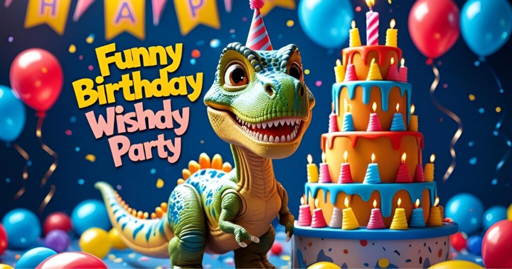 Funny birthday wishes with a dinosaur toy and a birthday cake
