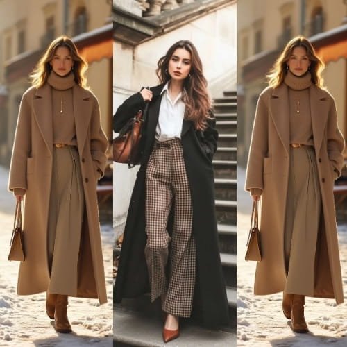 Layered outfits, coats, boots, and textured knitwear